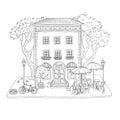 Black and white vector sketch illustration. City cafe in a vintage building, on street, women drinking coffee and