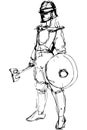 Sketch medieval warrior in armor with ax and shield