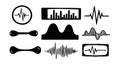 Black and white vector sound wave icons set with varied waveform shapes and rectangular frames in minimalist flat design style Royalty Free Stock Photo