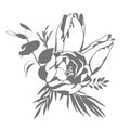 Black and white vector stamp sketch illustration, bouquet of tulip and peony