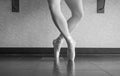 Black and white version of Ballerina dancer in the ballet studio en pointe in releve fourth position Royalty Free Stock Photo