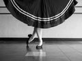 Black and white version of Dancer in Classical position with skirt held in character ballet attire Royalty Free Stock Photo