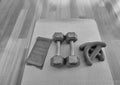 Black and white version of Overhead view of a pair of dumbbells, theraband exercise bands, and a yoga mat on hardwood floor