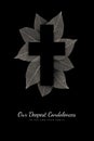 Black and white vertical condolence card with text, cross and leaves on the dark background Royalty Free Stock Photo