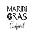 Black and white vertical poster with Mardi Gras carnival brush lettering. Masquerade celebrating. Fat Tuesday. Decoration