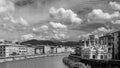 Black and white view of the beautiful Church of Santa Maria della Spina and the river Arno in Pisa, Tuscany, Italy Royalty Free Stock Photo