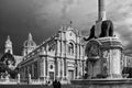 Black and white view of the beautiful elephant fountain in Piazza del Duomo, Catania, Sicily, Italy