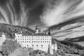 Black and white view of the Benedictine Abbey of Monte Maria Abtei Marienberg, Burgusio, Malles, South Tyrol, Italy