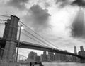Black and white view of Brooklyn Bridge and Downtown Manhattan a