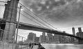 Black and white view of Brooklyn Bridge and Downtown Manhattan a