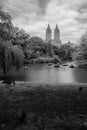 Black and White view of central park lake with boats Royalty Free Stock Photo