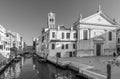 Black and white view of the Church of Santa Fosca in Campo Santa Fosca and the homonymous canal, Cannaregio, Venice, Italy