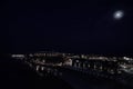 Black and white view from the la crosse Mississippi river bridge on a moon lit night Royalty Free Stock Photo