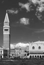 Black and white view of Piazza San Marco square and the Doge\'s Palace against a beautiful sky, Venice, Italy Royalty Free Stock Photo