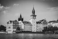 Black and white view of Prague from the Vltava river