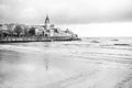 Black and white view of San Pedro chruch in Gijon San Lorenzo beach