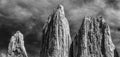 A black and white view of the three huge granite towers at the end of the W walk in Torres del Paine National Park