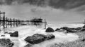 black-and-white view of the Trabocco Cungarelle pile dwelling on an overcast an rainy day on the Costa dei Trabocchi in Italy Royalty Free Stock Photo