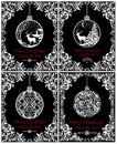 Black And White Vintage Cards For New Years And Christmas Holiday With Decorative Hanging Ball With Winter Landscape, Deer, Snowfa