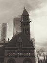 Black and white vintage classy historical architecture buildings downtown Toronto. Old clock tower Canada Royalty Free Stock Photo