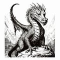 Noir Comic Art: Dragon Rising From Rock - Detailed Engraving