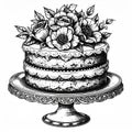 Black and White Vintage Illustration of a Layered Cake Adorned with Roses Royalty Free Stock Photo