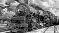 Black and white landscape with a old time worn steam train engine Royalty Free Stock Photo