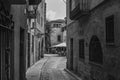 Black and white vintage street picture of the old town Montblanc