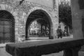 Black and white vintage street picture of the old town Montblanc