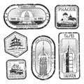 Black and white vintage travel stamps with major monuments and landmarks vector set