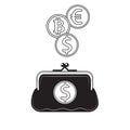 Black and white wallet icon with coins and dollar bitcoin Euro icons. Vector image. Design element