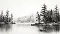 Hyperrealistic Black And White Lakescape Drawing With Pine Trees Royalty Free Stock Photo