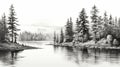 Black And White Watercolor Landscape: Pine Trees By The Water Royalty Free Stock Photo