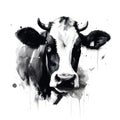 Black and white watercolor painting of a cow on a white background. Farm animals Royalty Free Stock Photo