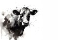 Black and white watercolor painting of a cow on a white background. Farm animals Royalty Free Stock Photo