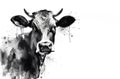 Black and white watercolor painting of a cow on a white background. Farm animals Royalty Free Stock Photo