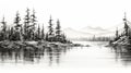 Black And White Watercolor Painting: Pine Trees Along Water Royalty Free Stock Photo