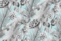black and white watercolor seamless monochrome pattern with dry palm leaves and orchid
