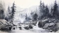 Black And White Watercolour Waterfall At Yosemite By Michael Maetano Royalty Free Stock Photo