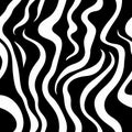 Black and white wavy stripes resembling zebra or tiger fur, repeating seamlessly. A creative pattern for modern or retro concepts