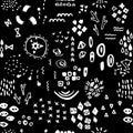 Black and White Whimsical Background. Vector Seamless Pattern. Hand Drawn Graphic Elements.