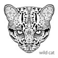 The black and white wild cat print with ethnic patterns. Coloring book for adults antistress. Adult coloring