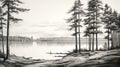 Black And White Wilderness Lake Drawing: Realistic Landscape Art Royalty Free Stock Photo