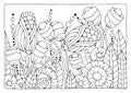 Black-white wildflowers background for coloring. Art therapy. Coloring page for children and adults