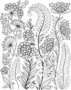 Black-and-white Wildflowers isolated on white. Abstract doodle background made of flowers and butterfly. Vector coloring page