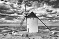 Black and white old windmills of Don Quixote de la Mancha. Alcazar de San Juan. Castilla La Mancha. Spain. Royalty Free Stock Photo