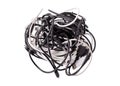 A coil of various wires for gadgets on a white background