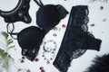 Black and white women accessories. Fashion lace black underwear.