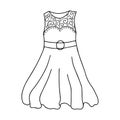 Black-white women s dress without sleeves. Openwork top. belt with a buckle. Doodle style. Sundress, women`s summer clothing.