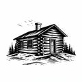 Vintage Vector Portrait Of Wood Cabin: Bold Black And White Ink Art